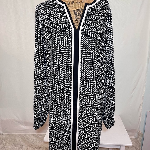 Max Studio XL Black White Geometric Shift Dress Long Sleeve VNeck Lined Mod-mini - Picture 2 of 13